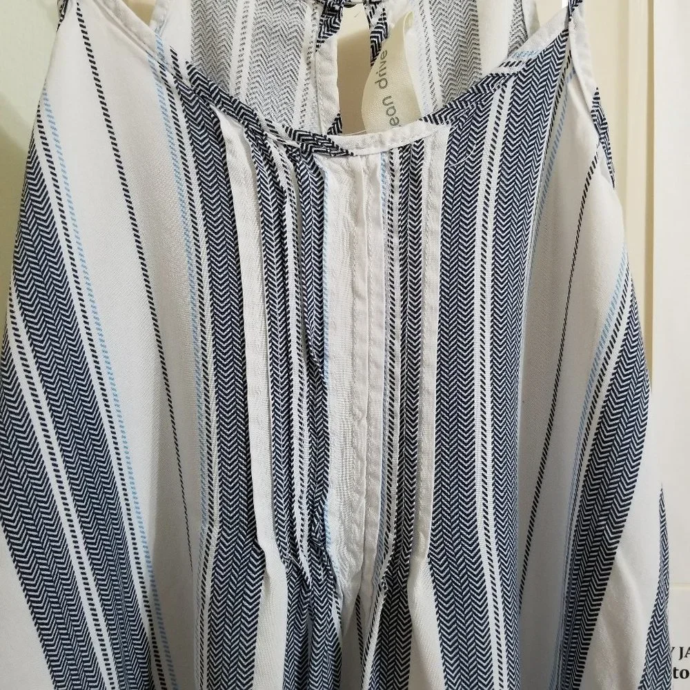 Ocean Drive dress Medium striped beach boho pom trim crochet inset sleeveless - Picture 3 of 10